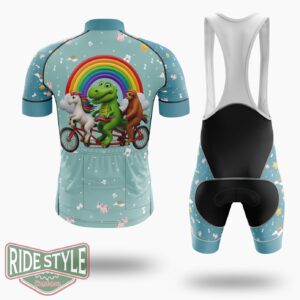 Dinosaur Sloth Unicorn Riding Bicycle Cycling Jersey Kit, Bicycle Clothing - Short Sleeve Cycling Jersey Kit-White