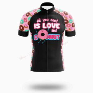 Funny Donut, All You Need Is Love And Donut Cycling Jersey Short Sleeve - Short Sleeve Cycling Jersey-White