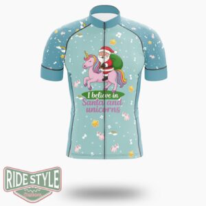 I Believe In Santa And Unicorns Cycling Jersey Kit, Bicycle Clothing - Short Sleeve Cycling Jersey-White