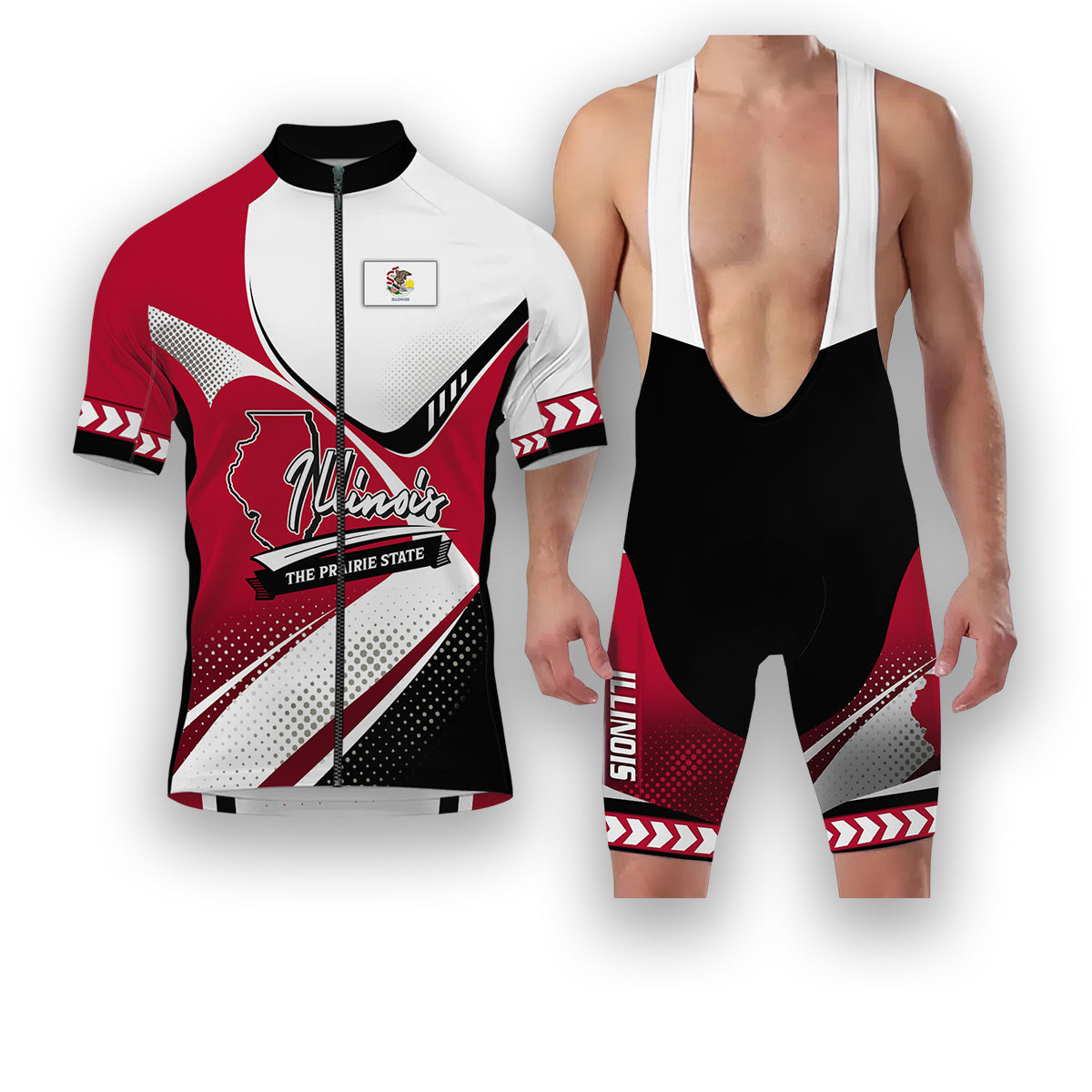 Illinois States Cycling Jersey, Maps Haftone Vintage Pattern Men Women Jersey Full Kit - Short Sleeve Cycling Jersey Kit-White