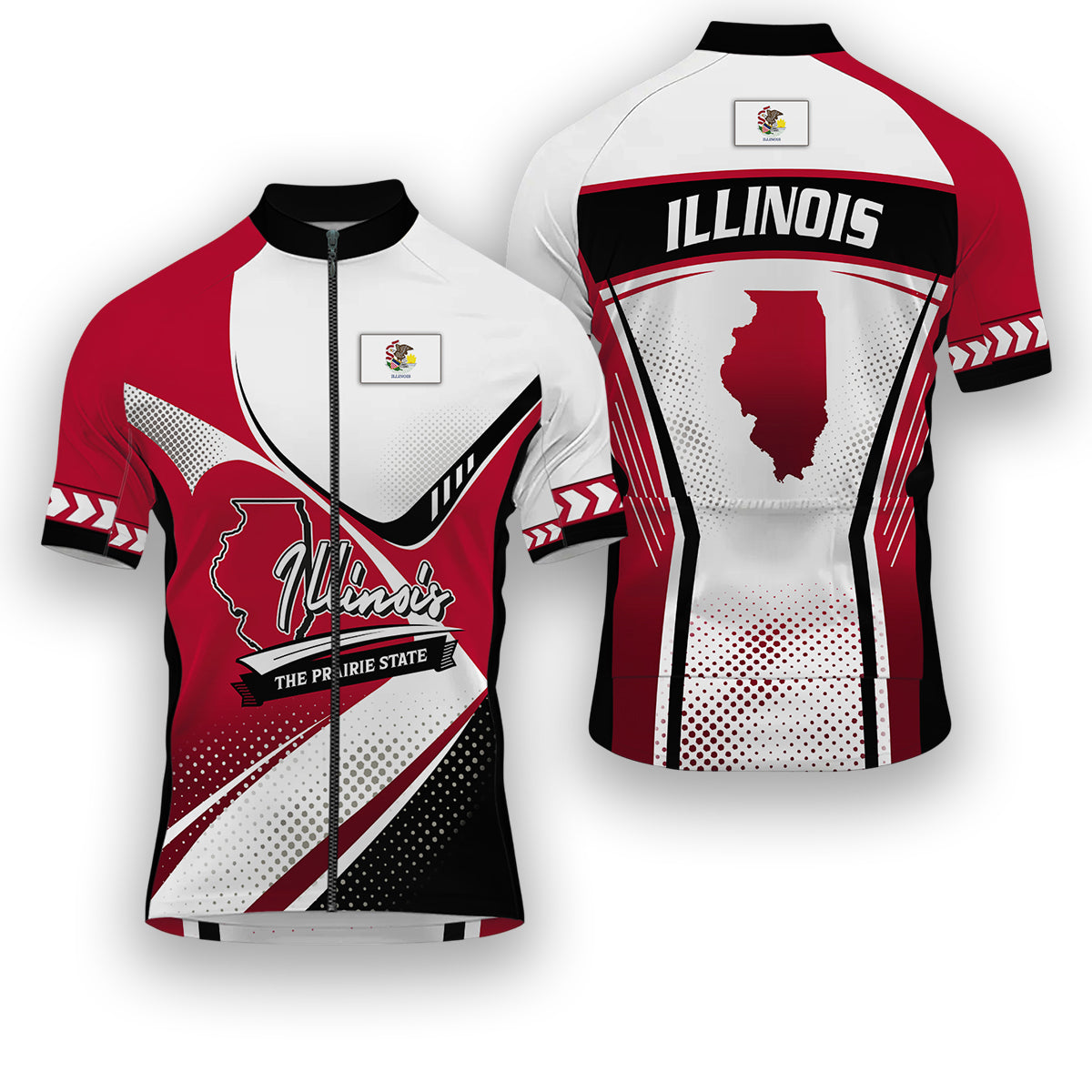 Illinois States Cycling Jersey, Maps Haftone Vintage Pattern Men Women Jersey Full Kit - Short Sleeve Cycling Jersey-White