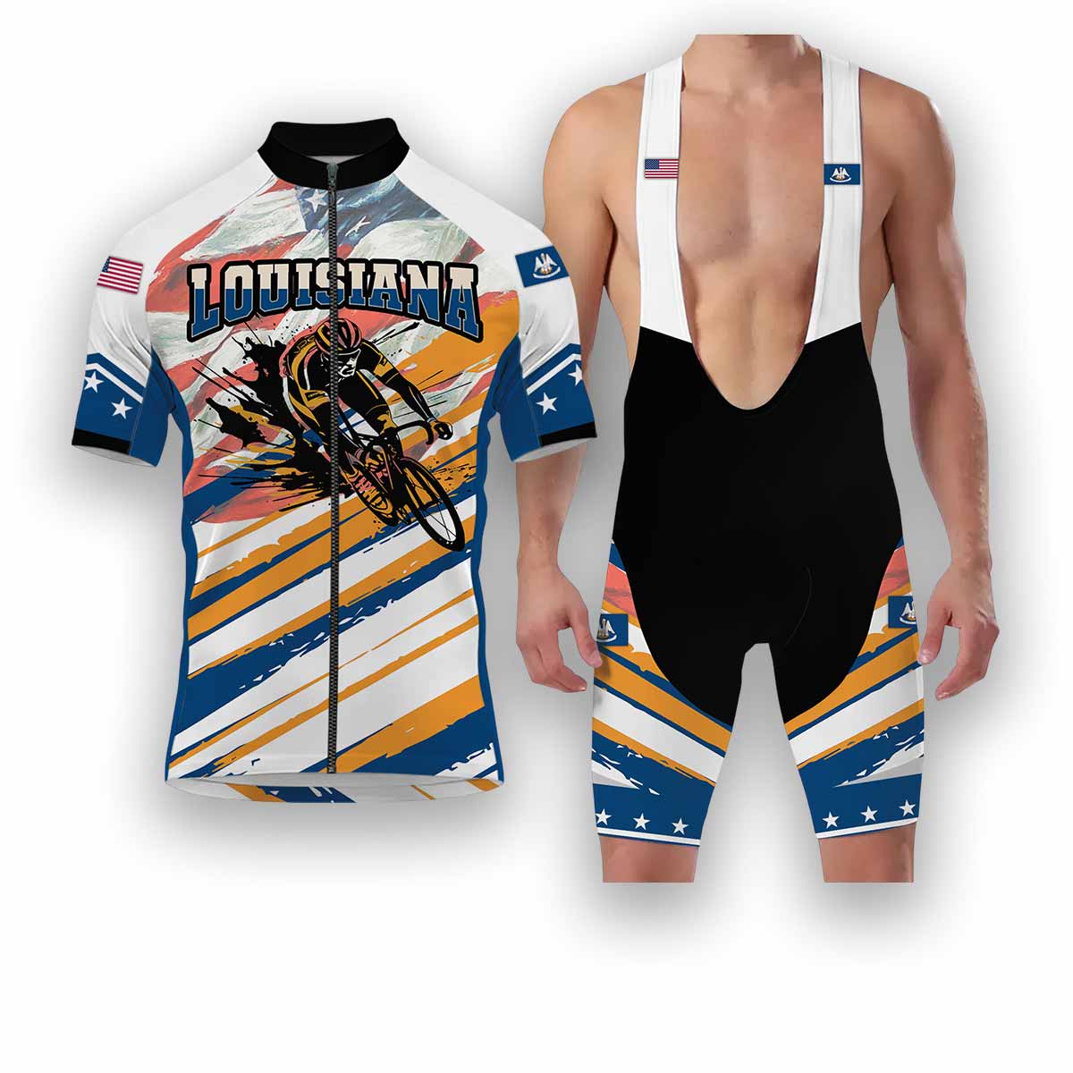 Louisiana States Cycling Jersey, USA Flag Men Women Jersey Full Kit - Short Sleeve Cycling Jersey Kit-White