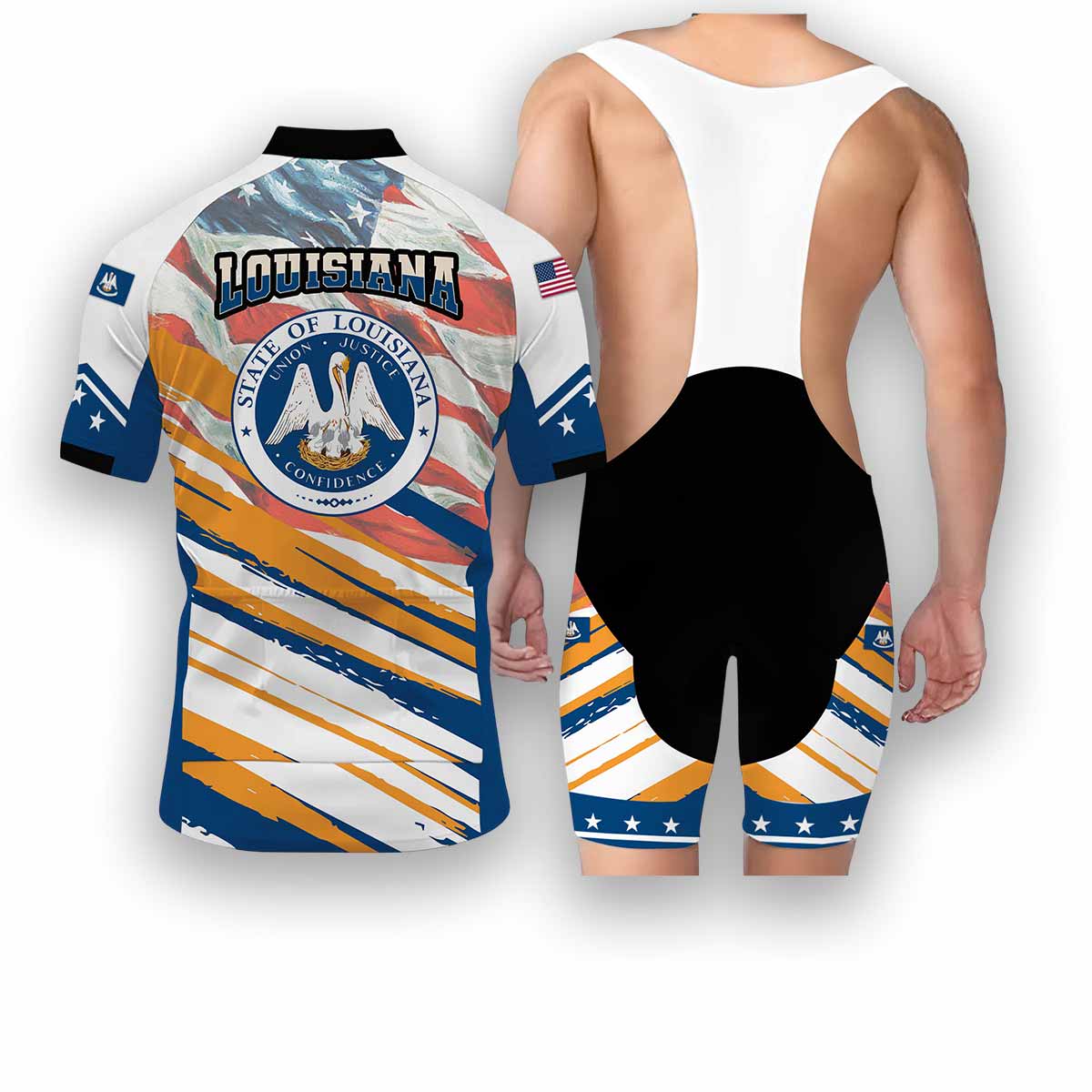 Louisiana States Cycling Jersey, USA Flag Men Women Jersey Full Kit - Short Sleeve Cycling Jersey Kit-White