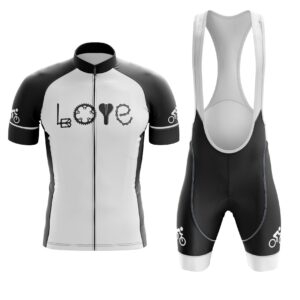 Love Cycling By Bike Part Cycling Jersey, LOVE Spelled Out In Bike Pedal Wheel Seat And Chain Cycling Kit
