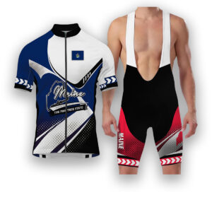 Maine States Cycling Jersey, Maps Haftone Vintage Pattern Men Women Jersey Full Kit - Short Sleeve Cycling Jersey Kit-White