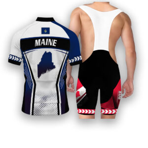 Maine States Cycling Jersey, Maps Haftone Vintage Pattern Men Women Jersey Full Kit - Short Sleeve Cycling Jersey Kit-White