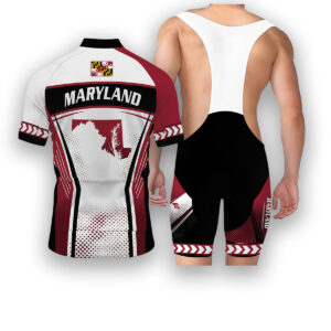 Maryland States Cycling Jersey, Maps Haftone Vintage Pattern Men Women Jersey Full Kit - Short Sleeve Cycling Jersey Kit-White