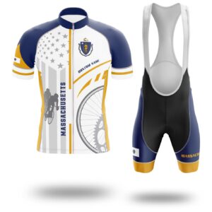 Massachusetts Cycling Jersey, Custom Name Massachusetts State Flag Cycling Set - Short Sleeve Cycling Jersey Kit-White