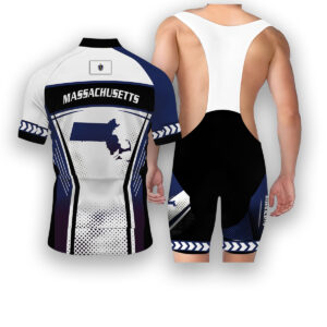 Massachusetts States Cycling Jersey, Maps Haftone Vintage Pattern Men Women Jersey Full Kit - Short Sleeve Cycling Jersey Kit-White