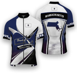 Massachusetts States Cycling Jersey, Maps Haftone Vintage Pattern Men Women Jersey Full Kit - Short Sleeve Cycling Jersey-White
