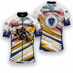 Massachusetts States Cycling Jersey, USA Flag Men Women Jersey Full Kit - Short Sleeve Cycling Jersey-White