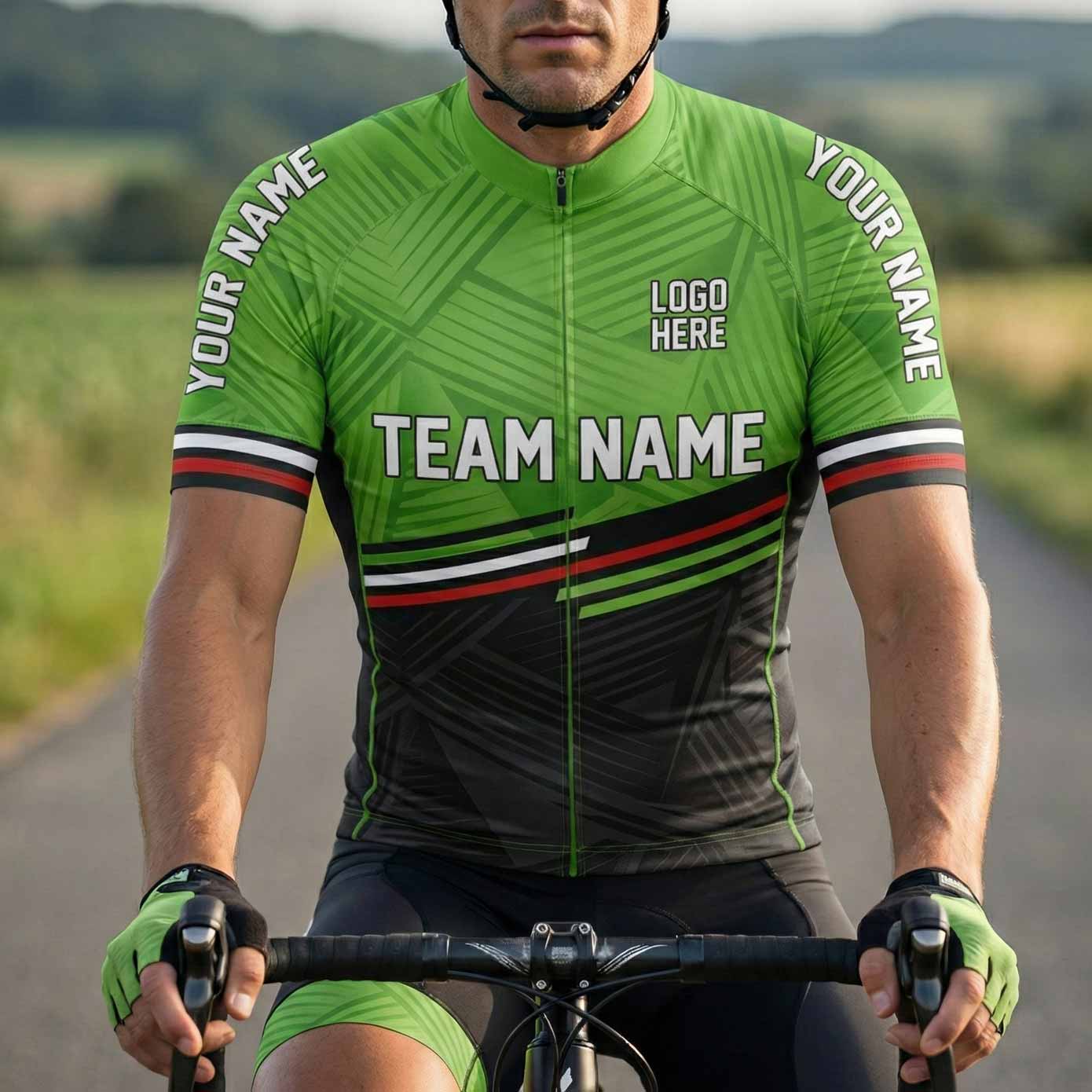 Men Cycling Jersey Green Color, Bike Jersey Custom Team Name, Custom Name, Bike Jersey - Short Sleeve Cycling Jersey-White