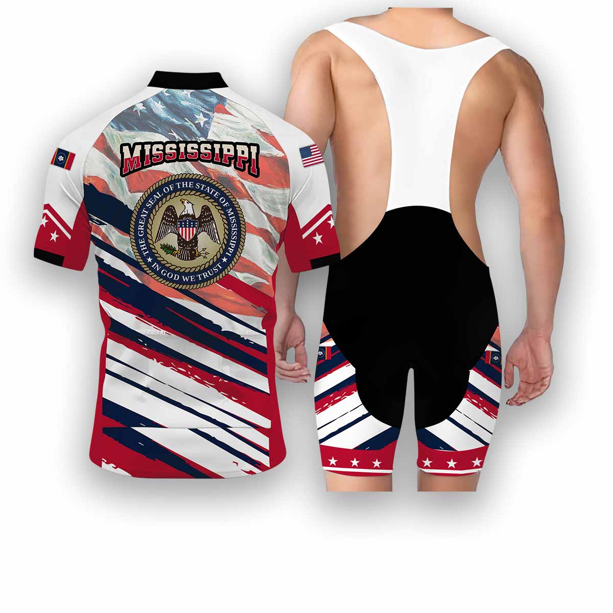 Mississippi States Cycling Jersey, USA Flag Men Women Jersey Full Kit - Short Sleeve Cycling Jersey Kit-White