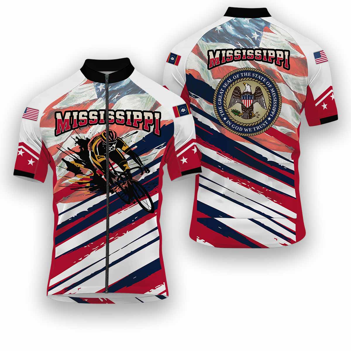 Mississippi States Cycling Jersey, USA Flag Men Women Jersey Full Kit - Short Sleeve Cycling Jersey-White