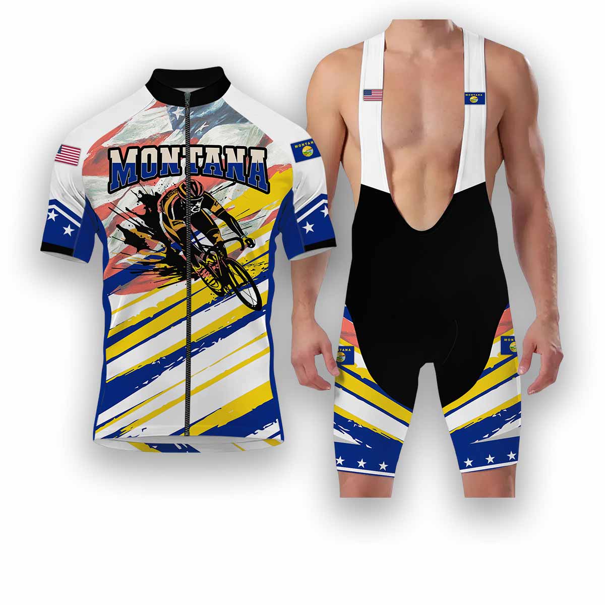 Montana States Cycling Jersey, USA Flag Men Women Jersey Full Kit - Short Sleeve Cycling Jersey Kit-White