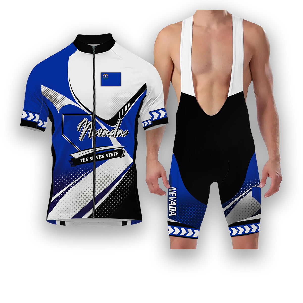 Nevada States Cycling Jersey, Maps Haftone Vintage Pattern Men Women Jersey Full Kit - Short Sleeve Cycling Jersey Kit-White