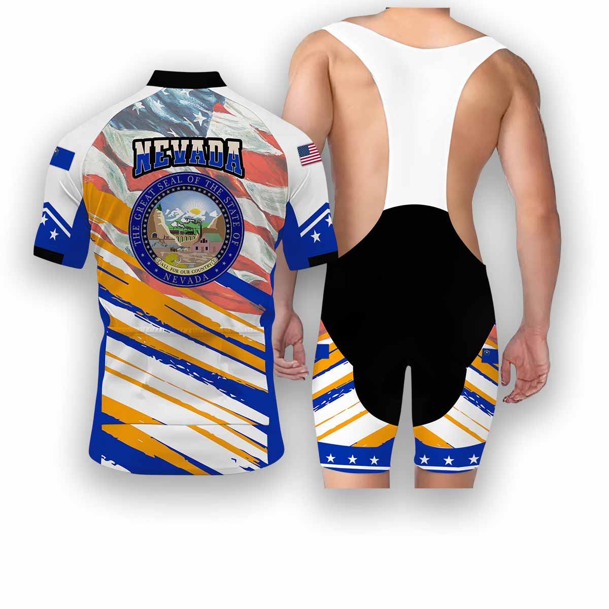 Nevada States Cycling Jersey, USA Flag Men Women Jersey Full Kit - Short Sleeve Cycling Jersey Kit-White