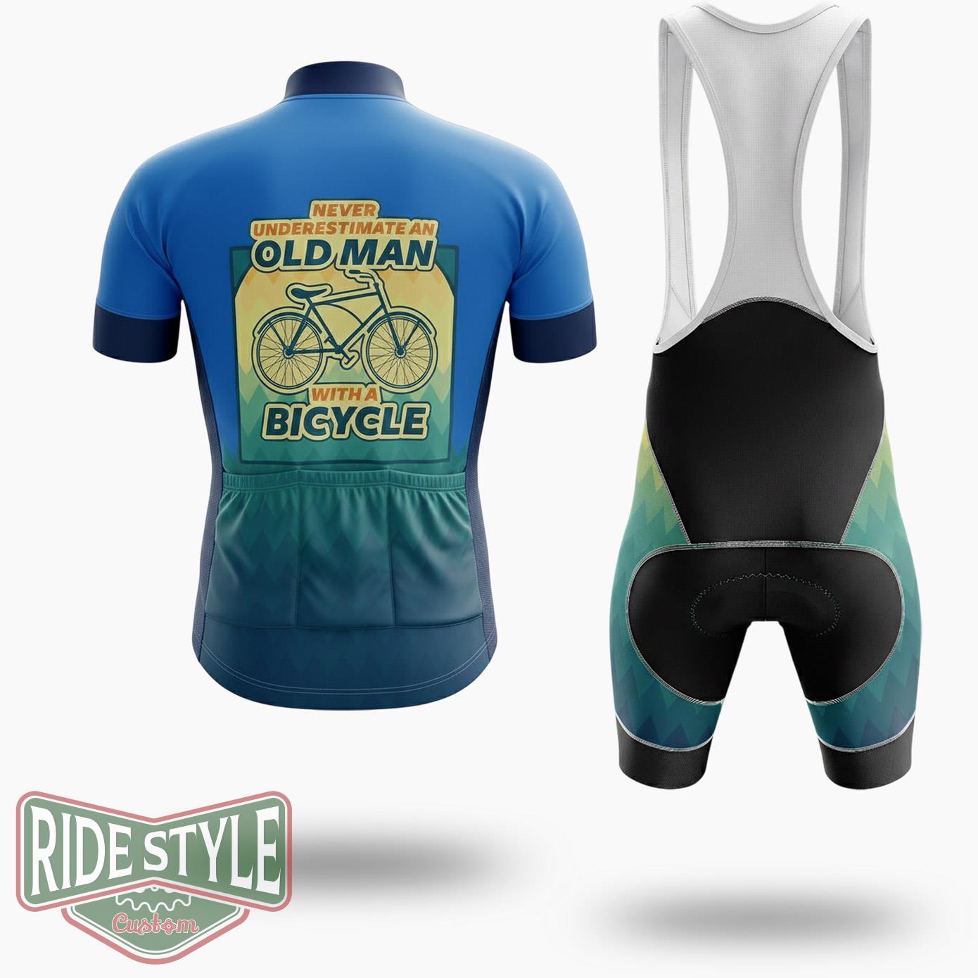 Never Underesimate An Old Man With A Bicycle Blue Cycling Jersey Kit - Short Sleeve Cycling Jersey Kit-White