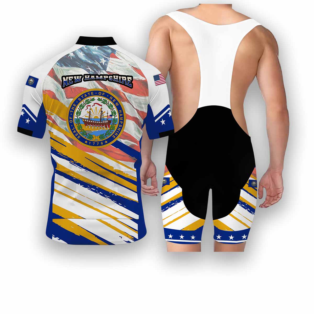 New Hampshire States Cycling Jersey, USA Flag Men Women Jersey Full Kit - Short Sleeve Cycling Jersey Kit-White