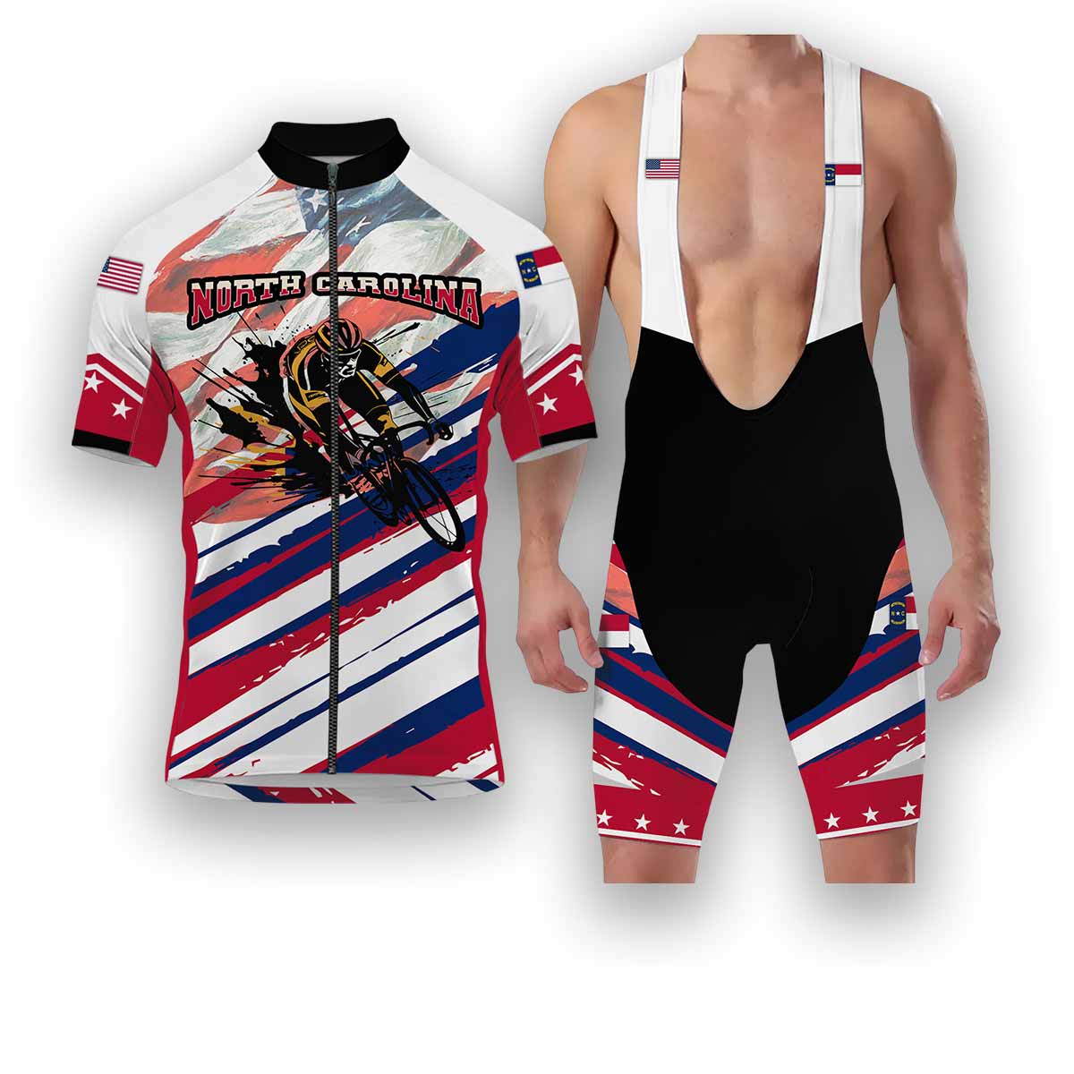 North Carolina States Cycling Jersey, USA Flag Men Women Jersey Full Kit - Short Sleeve Cycling Jersey Kit-White