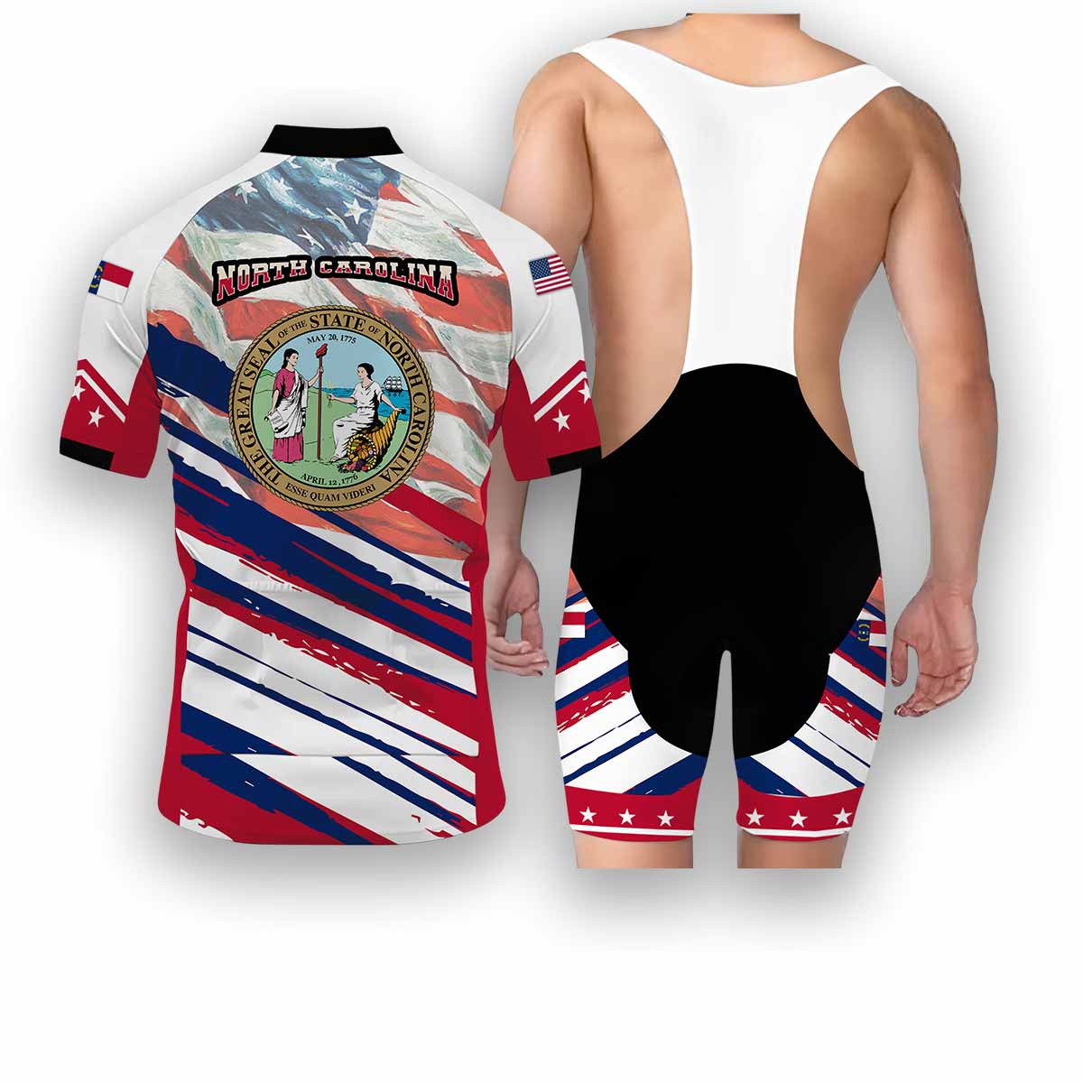 North Carolina States Cycling Jersey, USA Flag Men Women Jersey Full Kit - Short Sleeve Cycling Jersey Kit-White