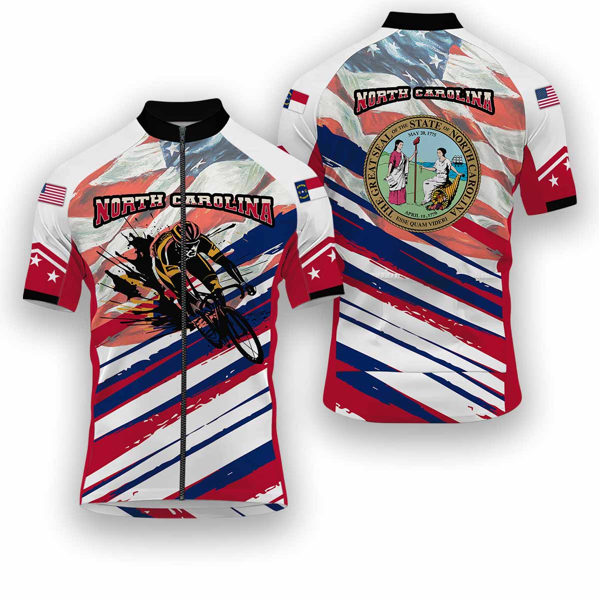 North Carolina States Cycling Jersey, USA Flag Men Women Jersey Full Kit - Short Sleeve Cycling Jersey-White