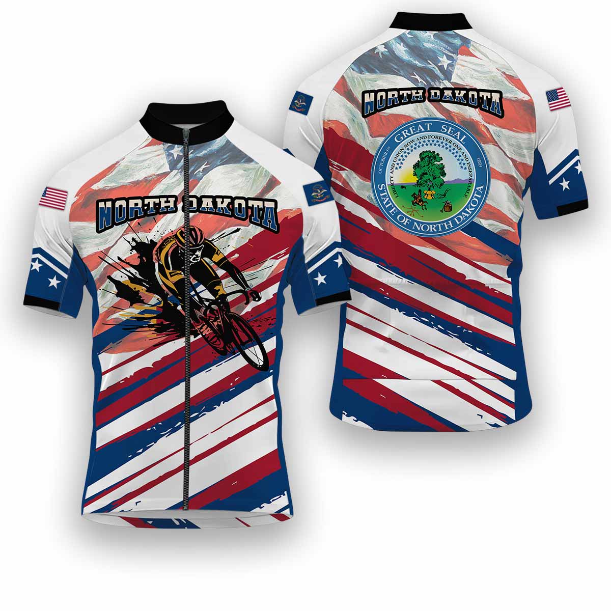 North Dakota States Cycling Jersey, USA Flag Men Women Jersey Full Kit - Short Sleeve Cycling Jersey-White