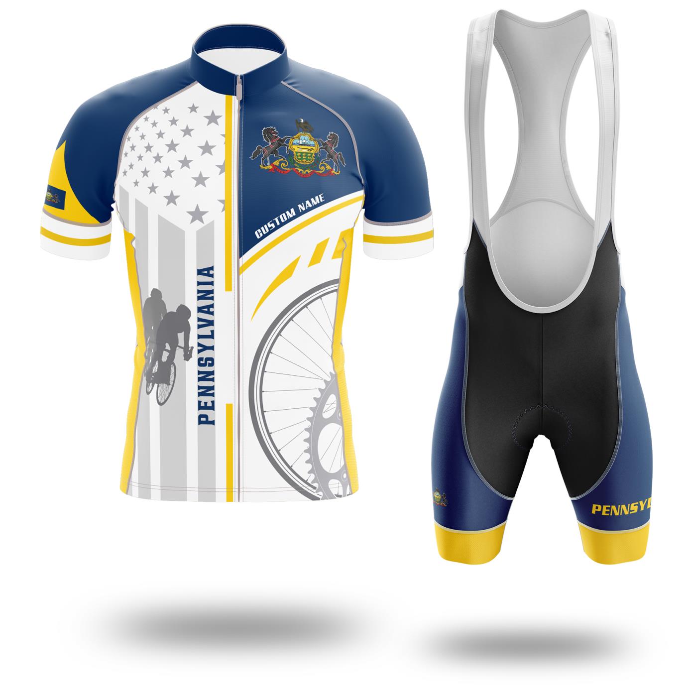 Pennsylvania Flag Cycling Kit, Cycling Personalized Name Jersey - Short Sleeve Cycling Jersey Kit-White