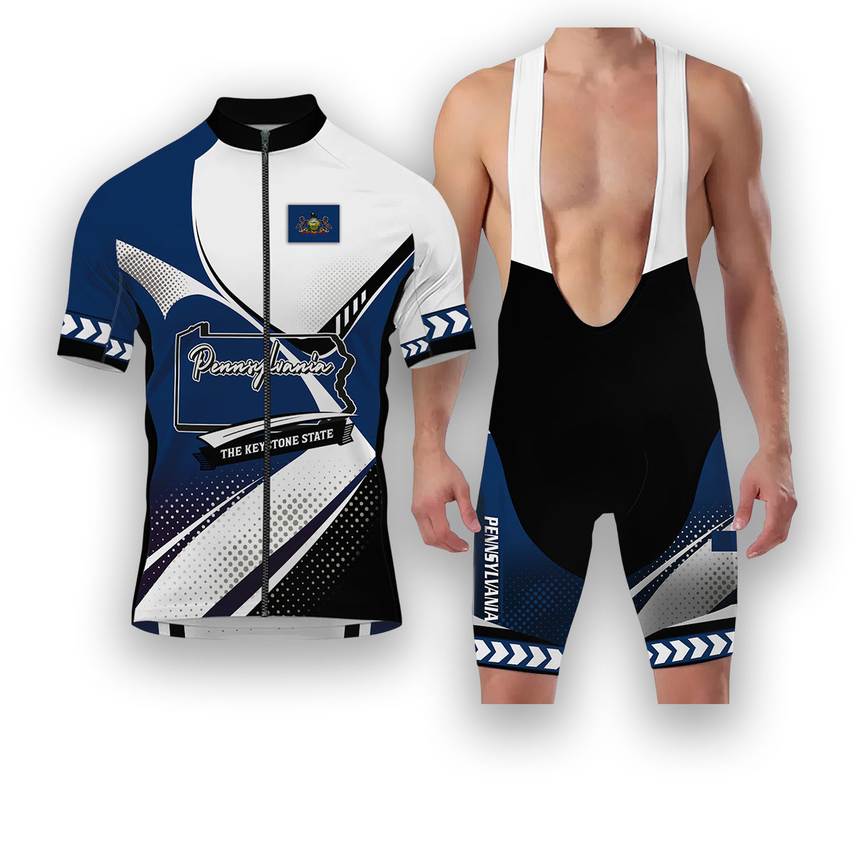 Pennsylvania States Cycling Jersey, Maps Haftone Vintage Pattern Men Women Jersey Full Kit - Short Sleeve Cycling Jersey Kit-White