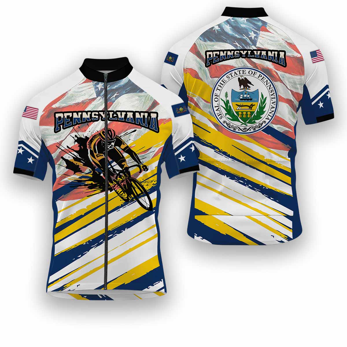 Pennsylvania States Cycling Jersey, USA Flag Men Women Jersey Full Kit - Short Sleeve Cycling Jersey-White