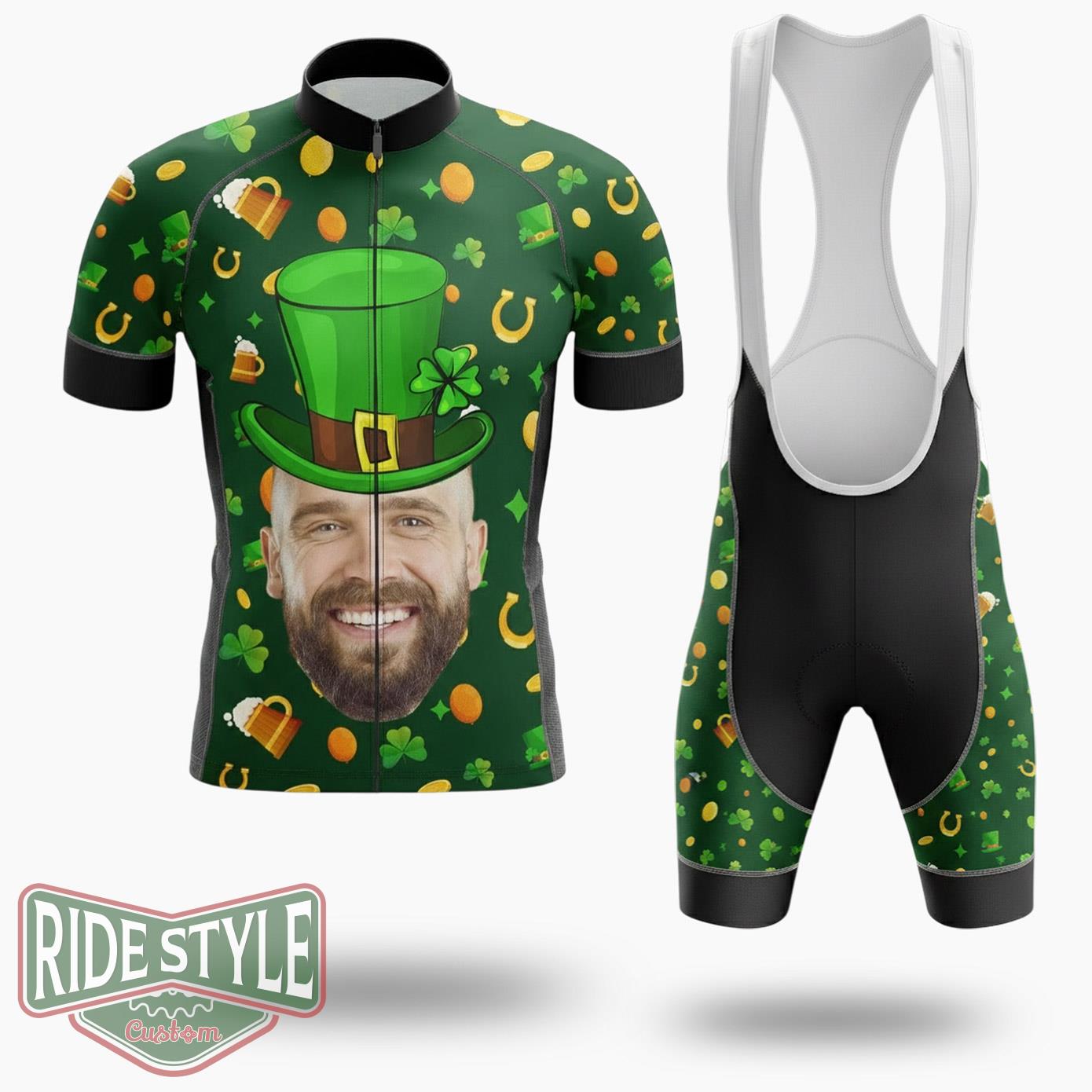 Personalized Funny Happy St Patrick's Day, Custom Photo Cycling Jersey Outfit - Short Sleeve Cycling Jersey Kit-White