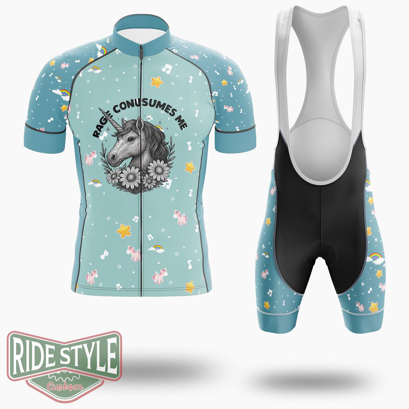 Rage Consumes Me- Unicorn Mental Health Cottagecore Cycling Jersey Kit, Bicycle Clothing - Short Sleeve Cycling Jersey Kit-White