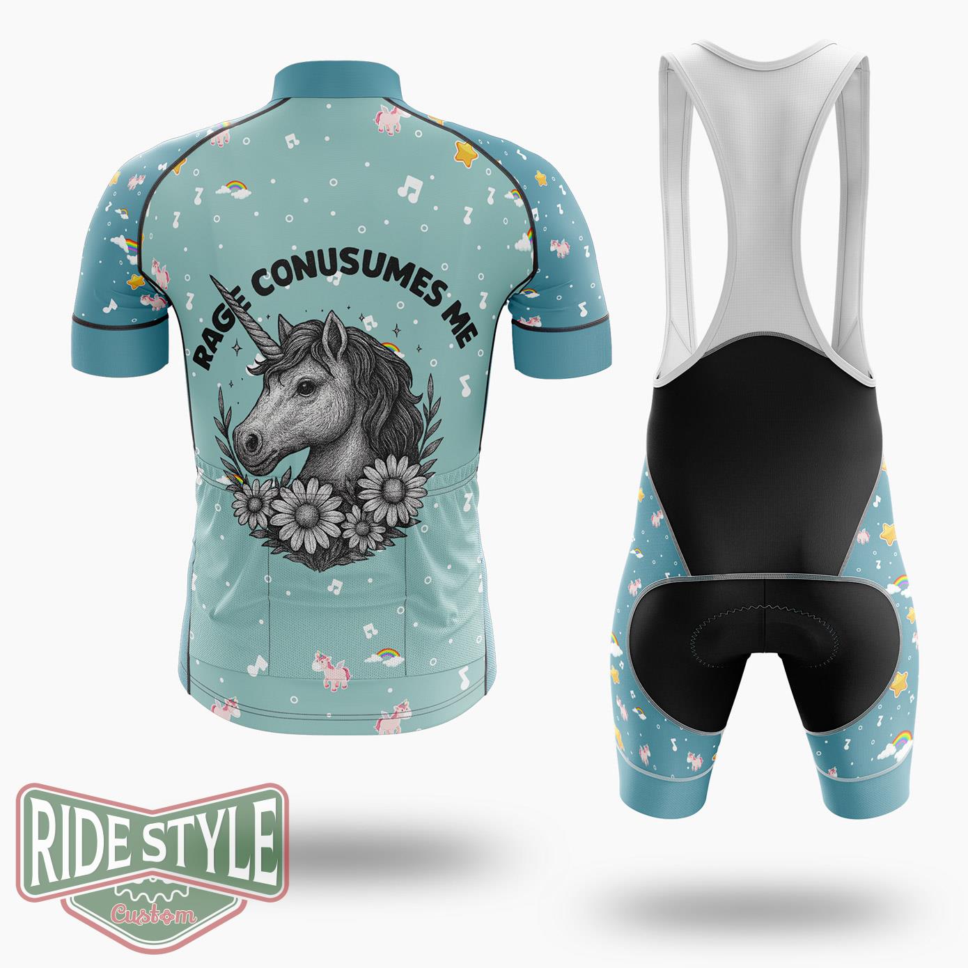 Rage Consumes Me- Unicorn Mental Health Cottagecore Cycling Jersey Kit, Bicycle Clothing - Short Sleeve Cycling Jersey Kit-White