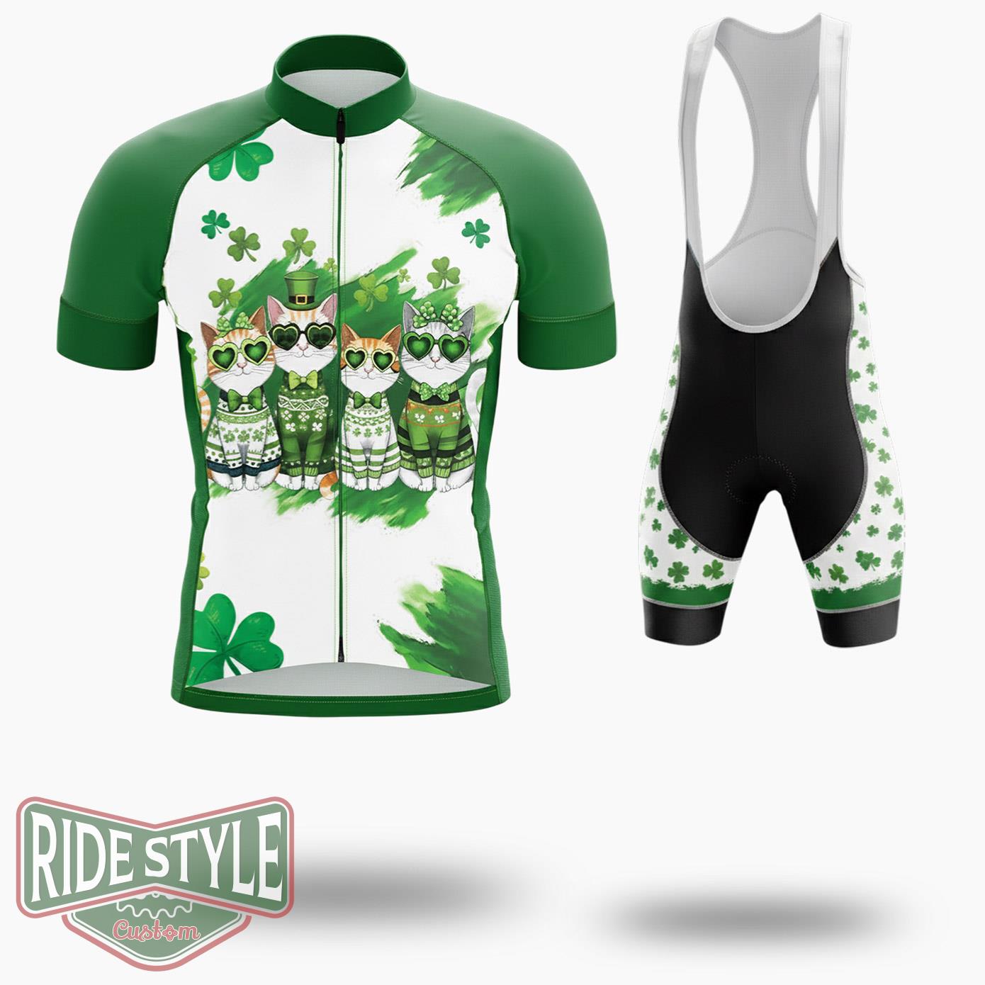 St. Patrick's Day Cats Cycling Jersey Outfit - Short Sleeve Cycling Jersey Kit-White