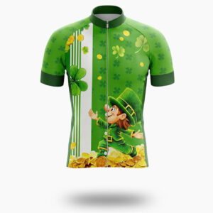 St. Patrick Shamrock Gold Coin Short Sleeve Green Cycling Jersey - Short Sleeve Cycling Jersey-White