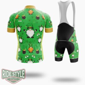 St Patricks Day Lucky Shamrock Leopard Gnomes Irish Cycling Jersey Outfit - Short Sleeve Cycling Jersey Kit-White