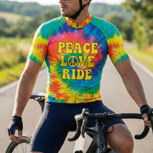 Tye Die Peace Love Ride Men's Colorful Cycling Jersey - Short Sleeve Cycling Jersey-White