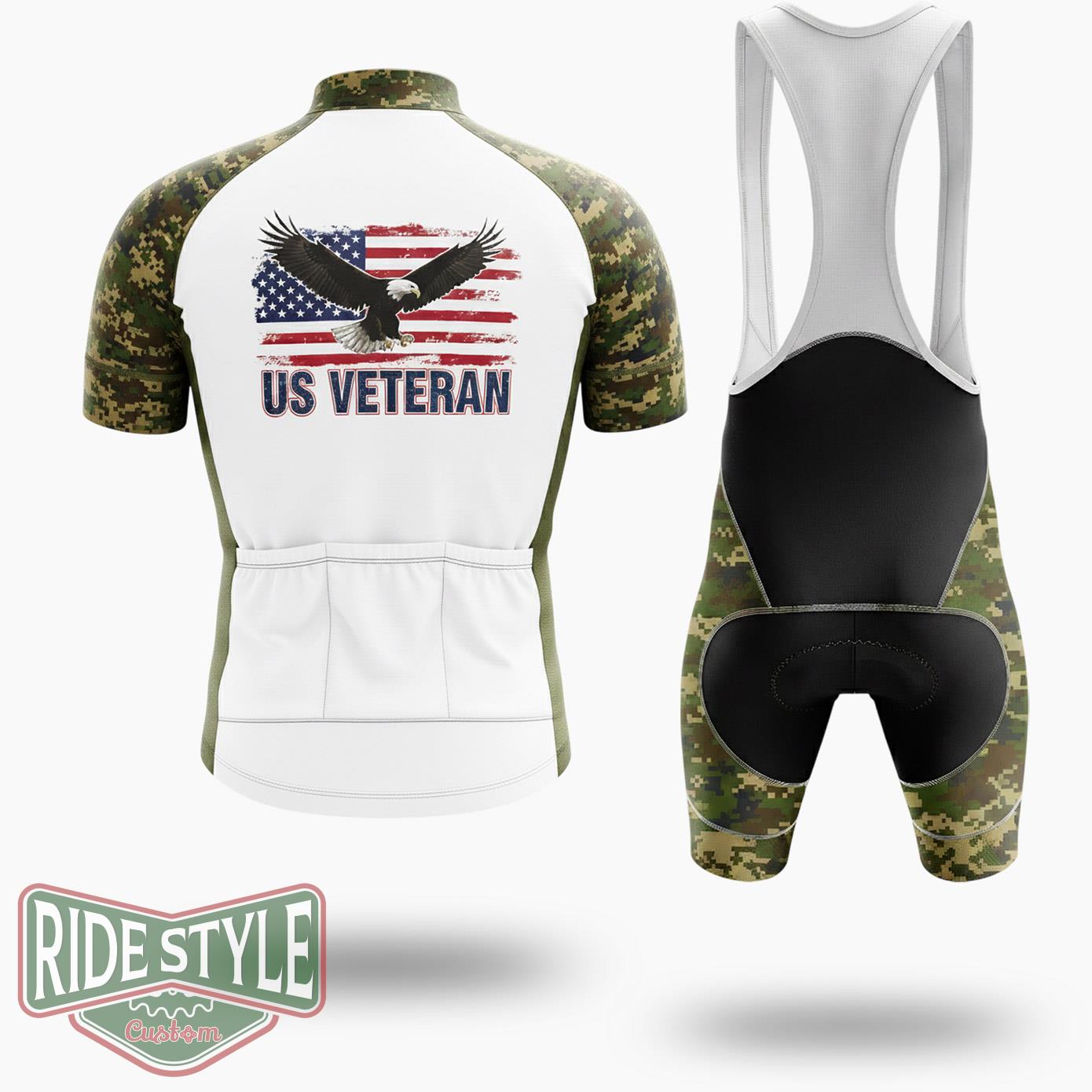 Us Veteran Flag Green Camo Cycling Jersey Kit - Short Sleeve Cycling Jersey Kit-White