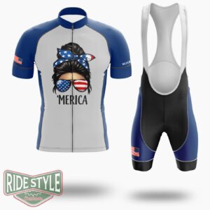 Usa Flag Messy Bun Patriotic Armed Forces Memorial Day Cycling Jersey Kit - Short Sleeve Cycling Jersey Kit-White