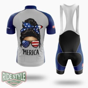 Usa Flag Messy Bun Patriotic Armed Forces Memorial Day Cycling Jersey Kit - Short Sleeve Cycling Jersey Kit-White
